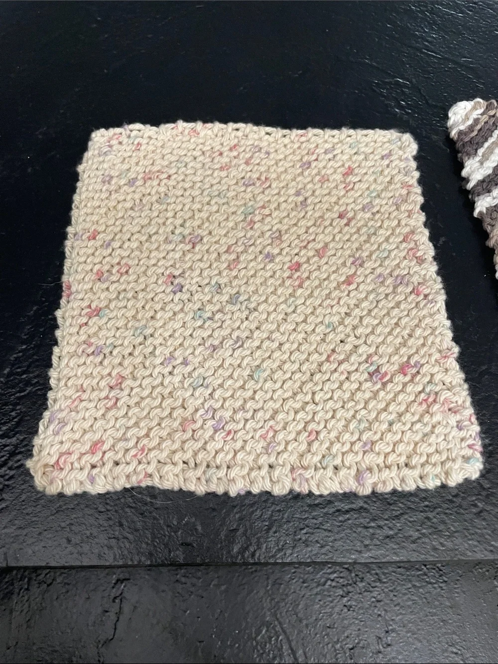 Set of 3 Hand-Knit Cotton Dishcloths - Cream, Brown, Speckled Approx. 7x7